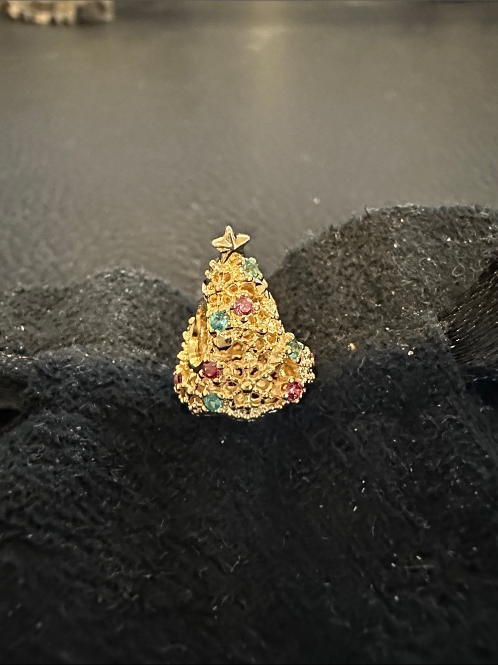Pandora Gold Tone Christmas Tree charm with Red, Green, and Blue Accents